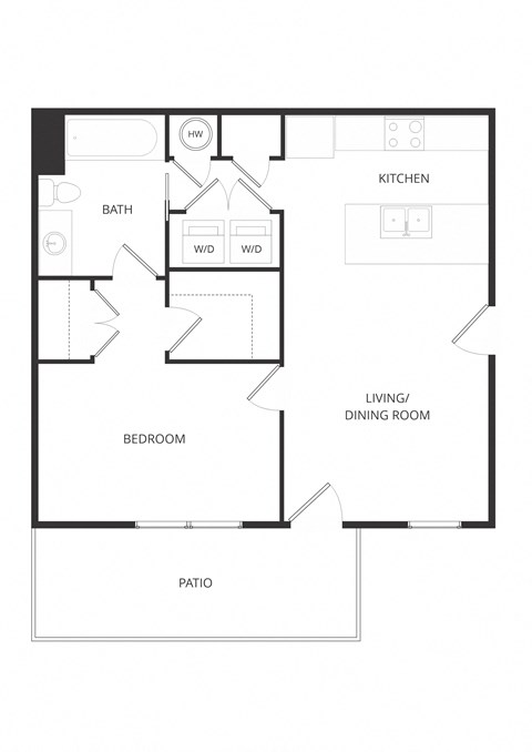 Floor plan for 1 bed, 1 bath, 696 sqft